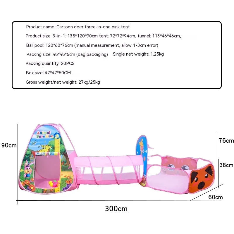 Children's three-in-one play tent set with ball pool and crawl tunnel in marine cartoon design