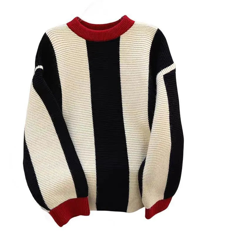 Women's striped cashmere wool sweater with contrast colours in Japanese Korean casual style