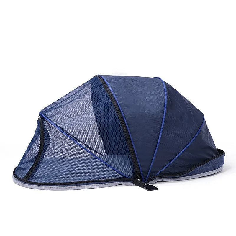 Portable folding cat tent with half-mesh panels in black or blue colour options