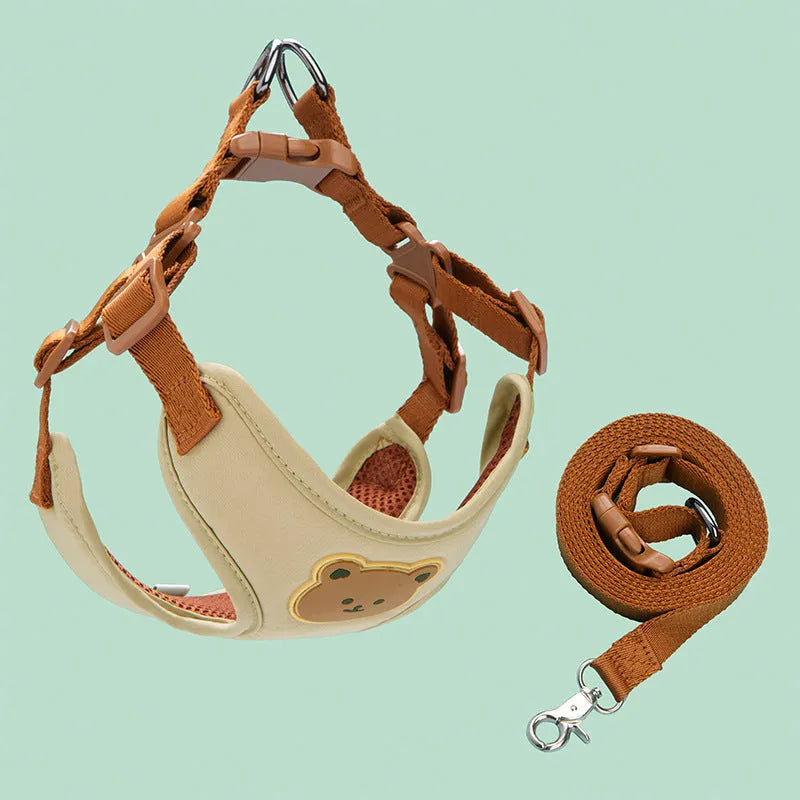 002 bear head red polyester dog chest strap on beige background, five sizes available from XS to XL