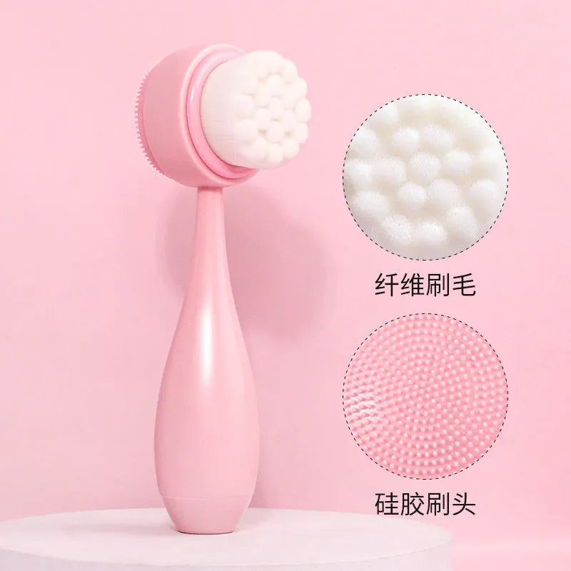 Purple, grey, white, and pink facial brush with coral fleece hair band and multiple brush heads