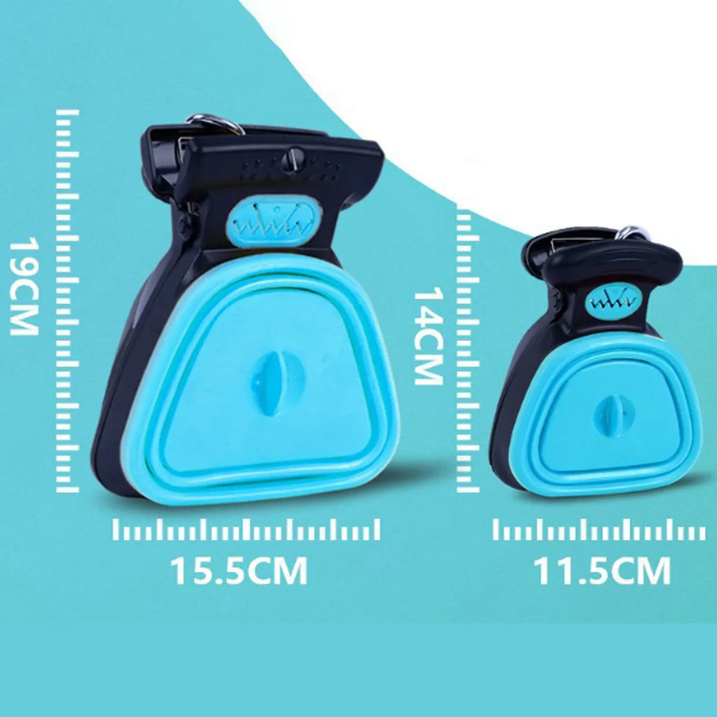 Portable handheld pooper scooper for dog waste with expandable container and bag attachment in grey, blue, green, or yellow