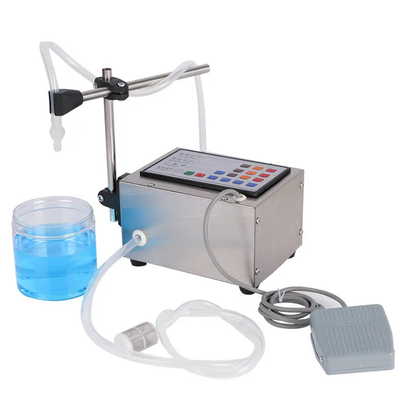 GFK280 CNC automatic liquid filling machine on a workbench with control panel and power adapters.