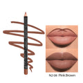 Matte wood lip liner pencil in silver casing with 14 numbered shades from 201 to 214