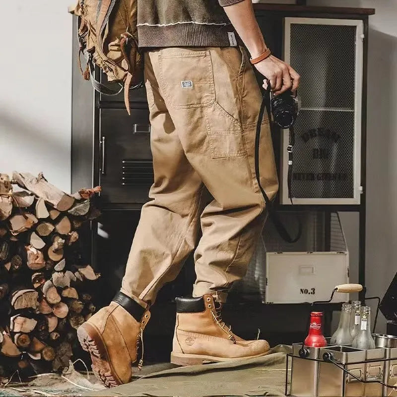 American retro lumberjack ankle banded pants in khaki, straight-leg drawstring style for men