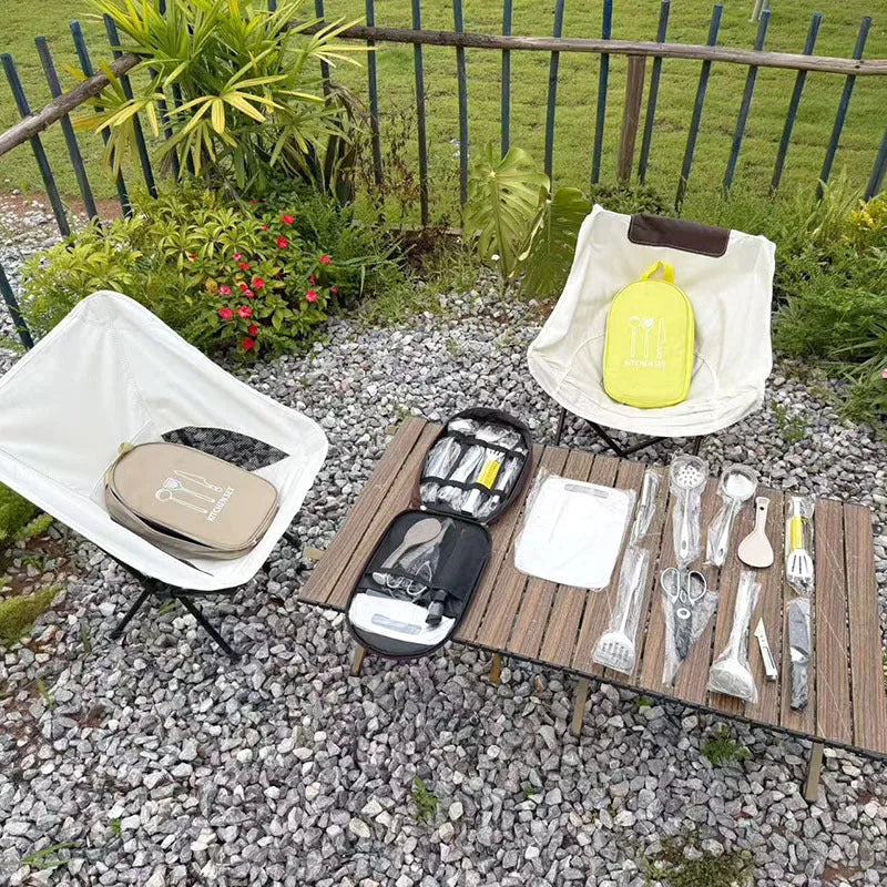 12-piece stainless steel portable picnic kitchenware set in khaki, green or brown colour options