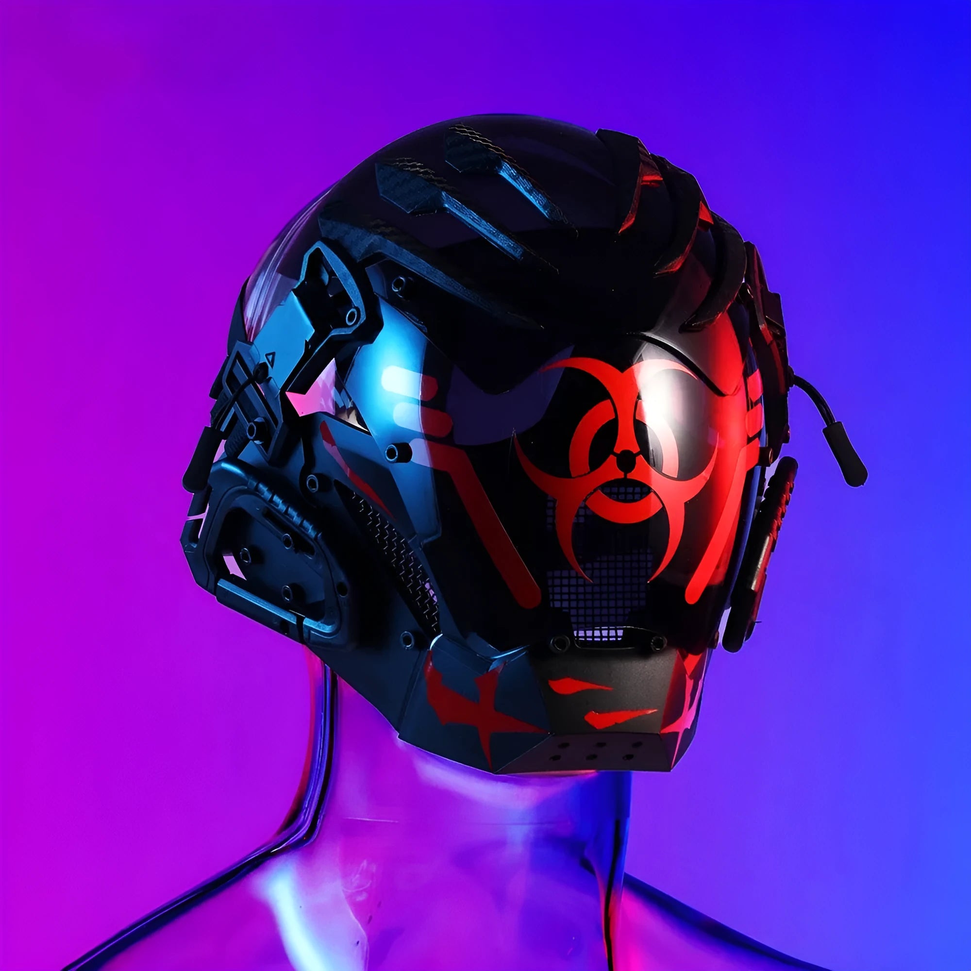 Black full face mask prop with bioweapon tech design and mechanical helmet styling for costume events