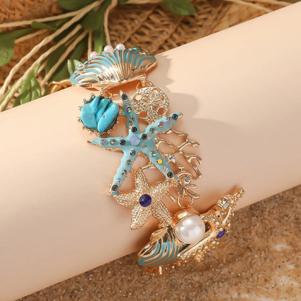 Alloy rhinestone bracelet with marine boat anchor design and starfish elements in turquoise finish