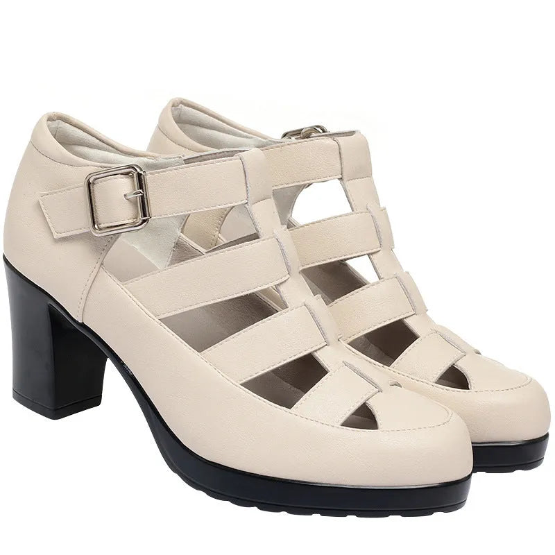 Women's beige closed toe sandals with a chunky heel, woven upper, and ankle strap buckle.