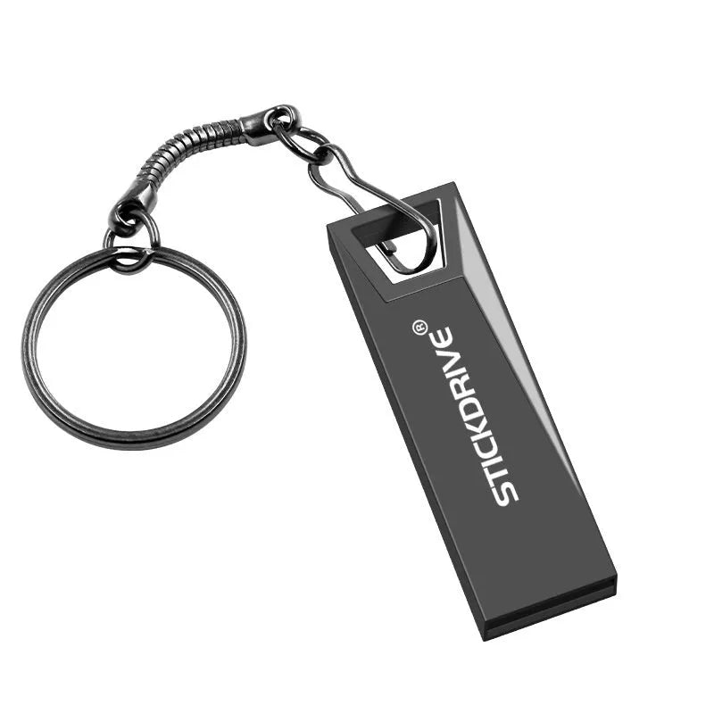 Metal USB drive with chain attachment showing lightning pattern design in black