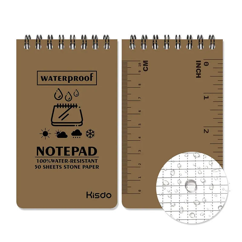 Spiral-bound waterproof office notepad with stone paper pages, shown in camouflage colour option.