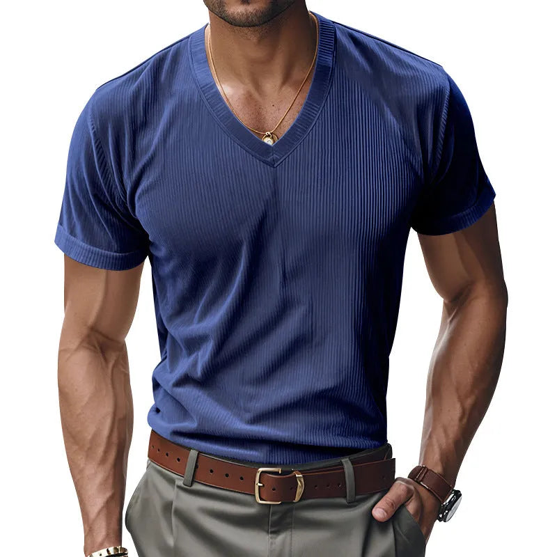 Men's loose V-neck short sleeve polyester top in black, gray, army green, denim blue or apricot, sizes S to XXXL.
