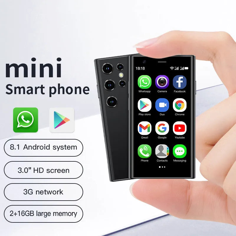 S23PRO XS15 mini smartphone in black, green and pink purple colours, showing straight plate design.