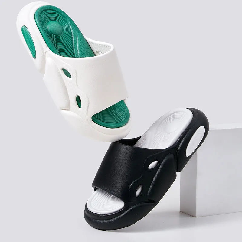 Two-colour thick-soled slippers for couples in pink purple, white green, and black white options