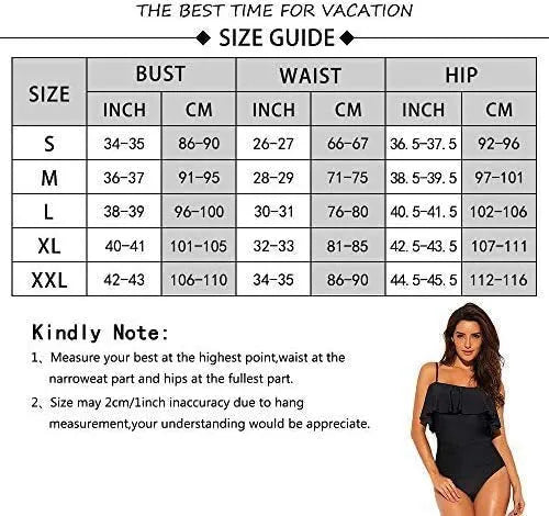 Black one-piece swimsuit with side cut-out detail and ruffled tube top straps.