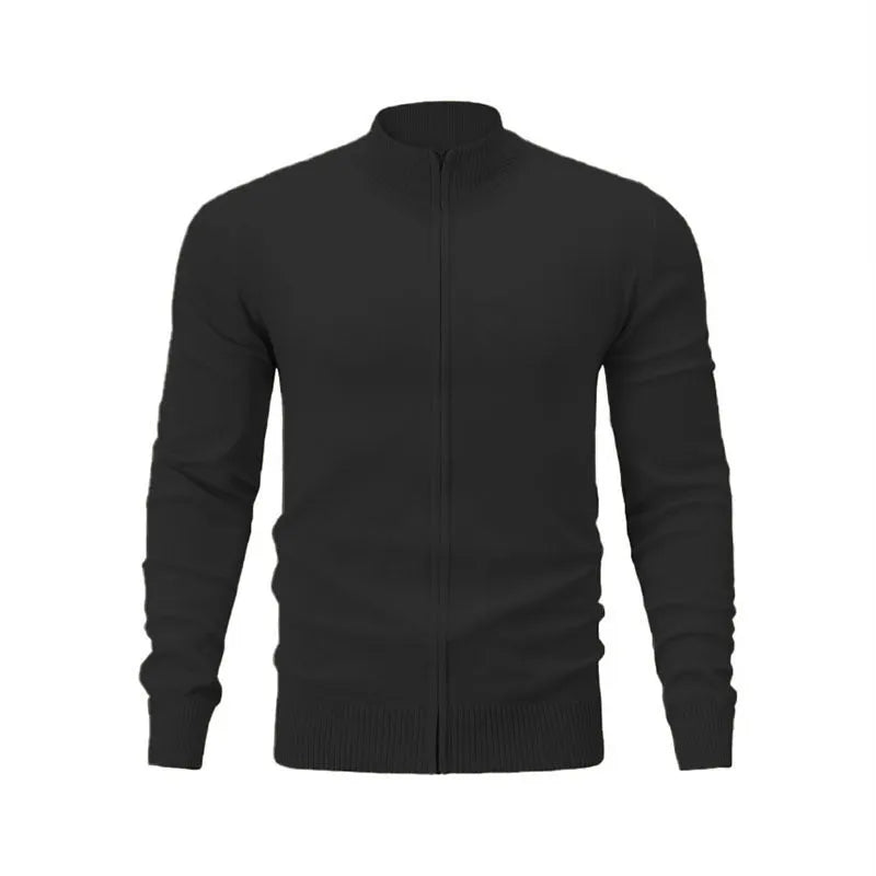 Casual stand collar zip-up sweater in a solid colour, shown on a model with a loose fit.