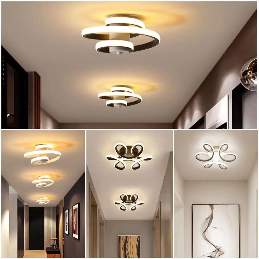 Modern LED corridor ceiling light with silicone shade, shown in black and white butterfly and circular frame designs.