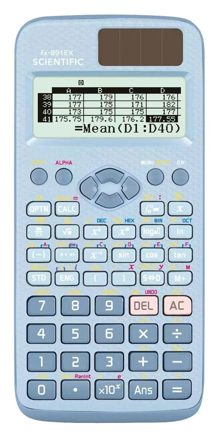 991EX scientific calculator with solar panel and ABS casing in black blue or pink