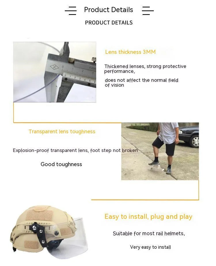 Transparent PC plastic sports helmet mask with a guide rail, shown in a clear colour.