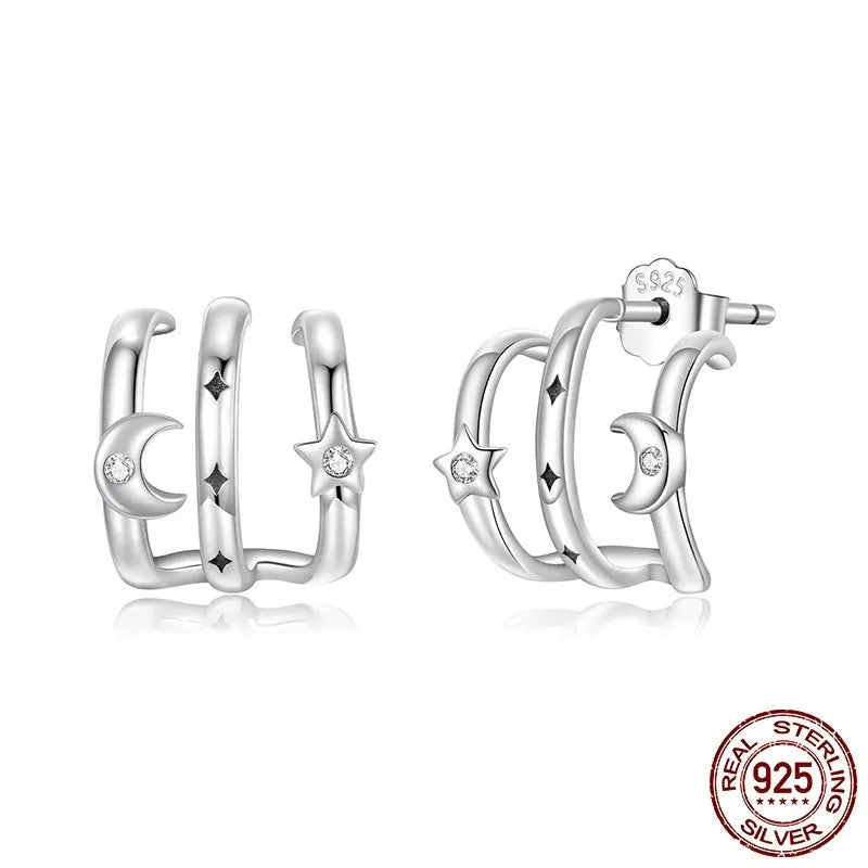 Multi-ring S925 sterling silver stud earrings with inlaid zircon, SCE1898 colour, on a clean background