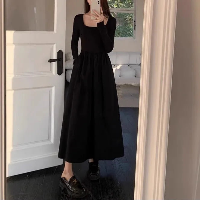 Women's black square collar knitted dress with elastic waist and A-line silhouette