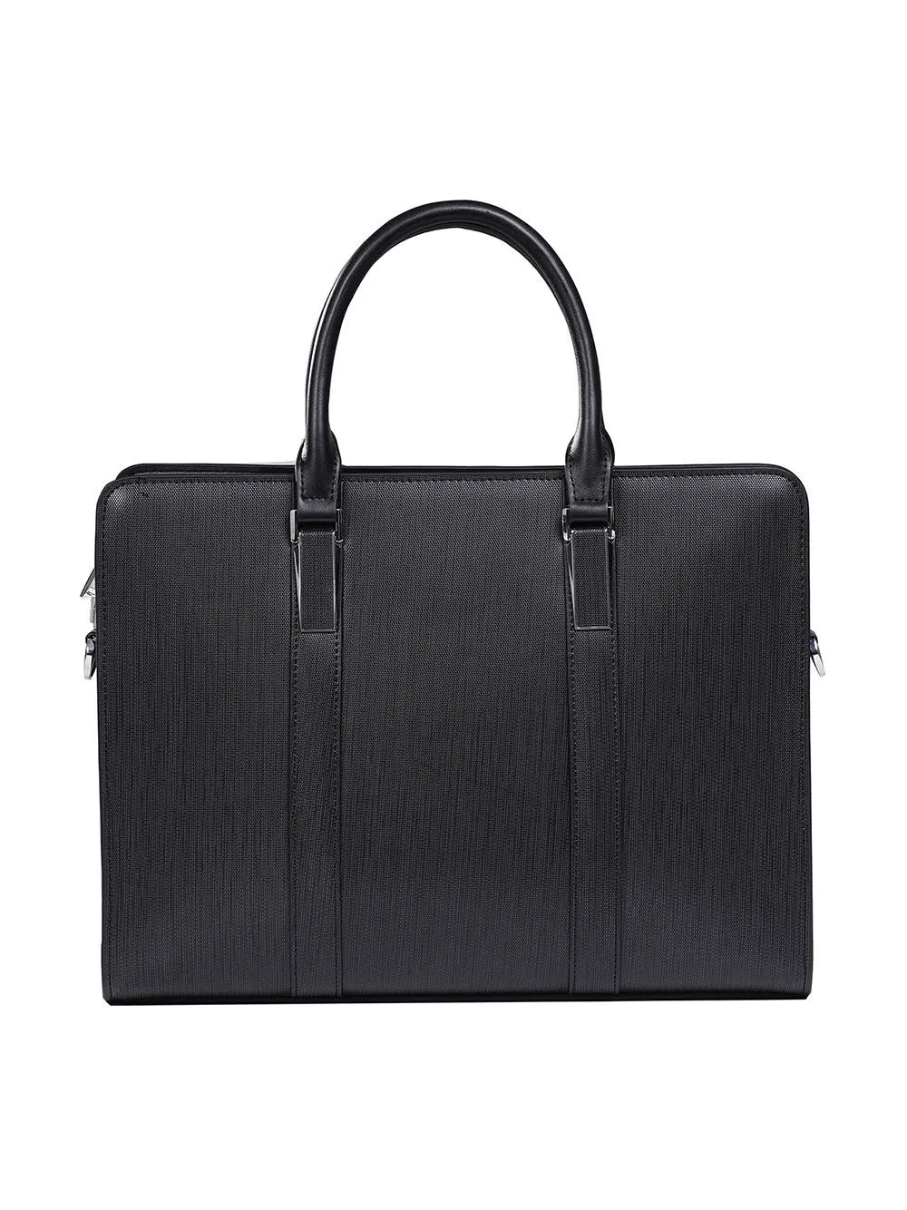 Men's cowhide leather business handbag in black or brown with stitching, plaid and lock details
