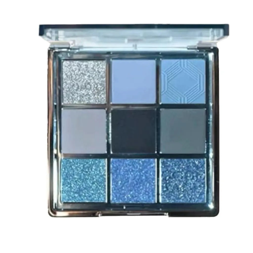 MUGELEEN nine-colour eye shadow palette showing low saturation blue and smoked shades