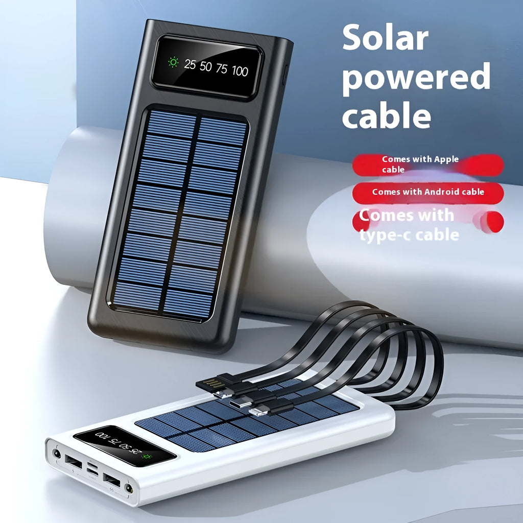 Solar power bank with integrated cable showing 20000mAh capacity and solar panel in black plastic case
