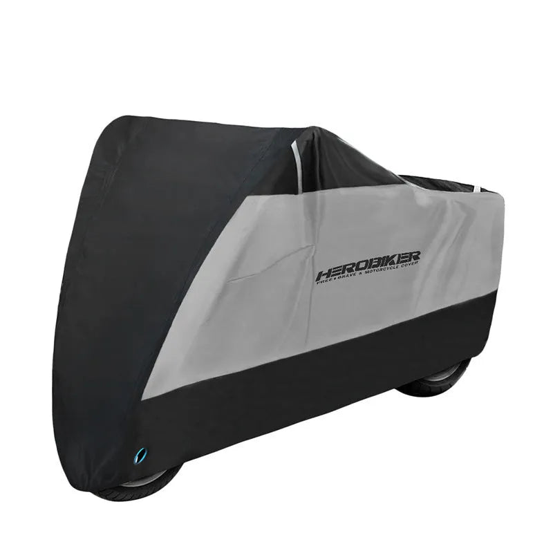 Polyester motorcycle cover showing black colour option with heat insulation and anti-theft features