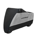 Polyester motorcycle cover showing black colour option with heat insulation and anti-theft features