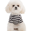 Striped two-legged pet shirt for small dogs and cats, available in yellow-brown bear patch or black-white cat patch, sizes XS to XXL.