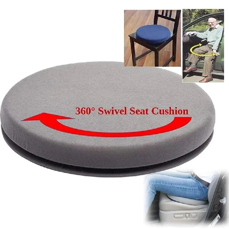 A grey rotating car seat cushion with a non-slip base, shown on a car seat.