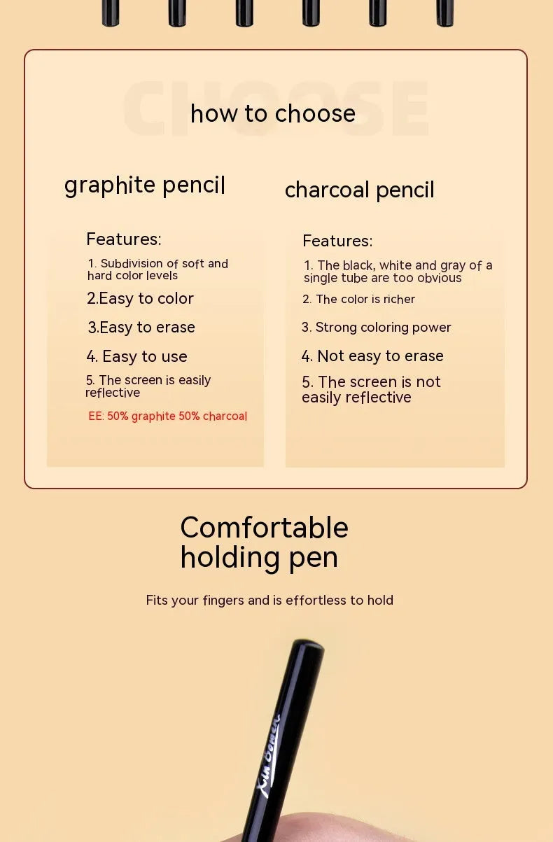 Set of six wood-free graphite sketching pencils in different grades for artistic drawing