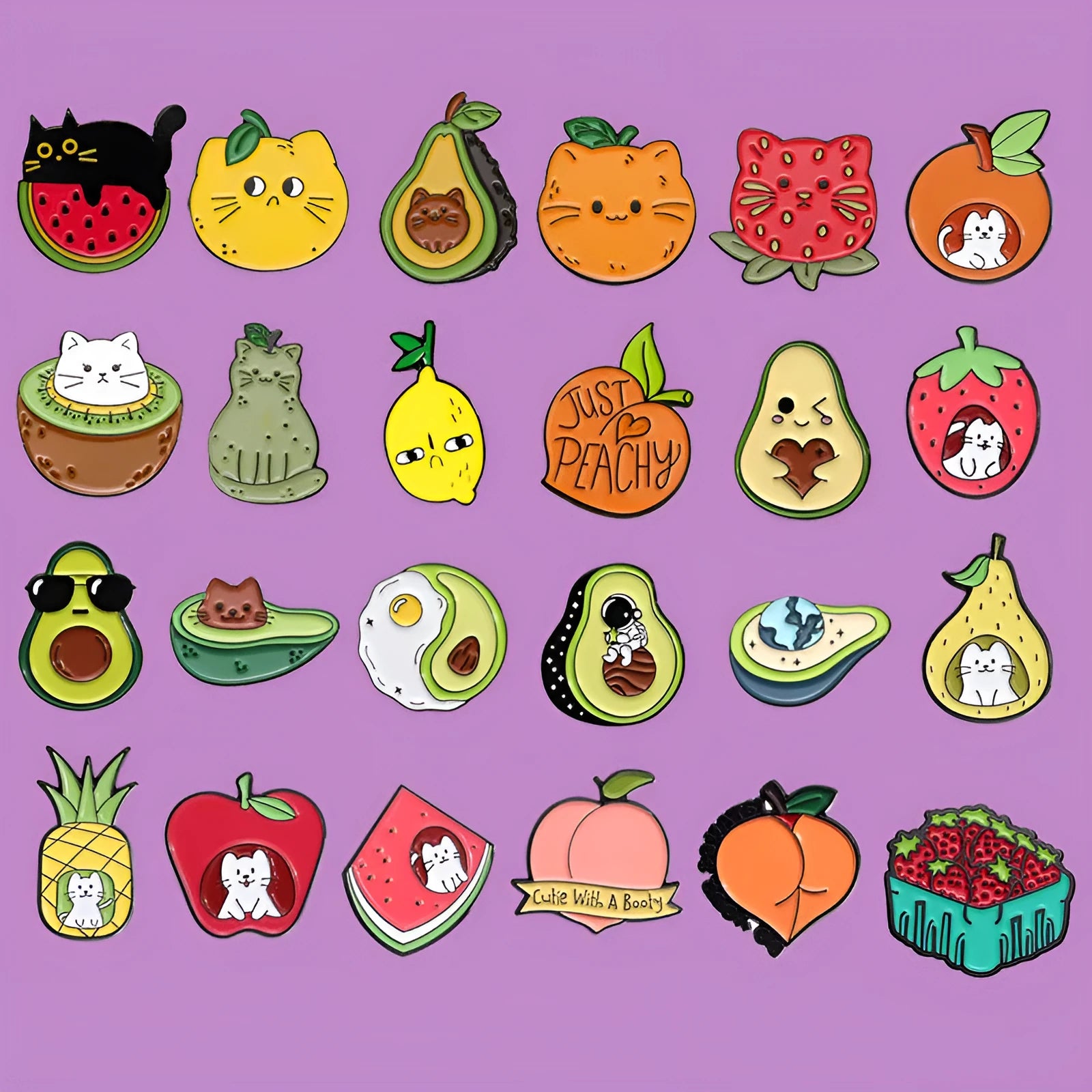 Colourful cartoon fruit design on a letter-shaped zinc alloy brooch pin.