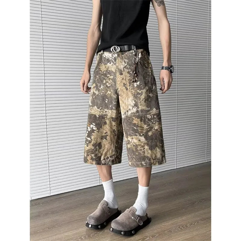 Yellow snake pattern camouflage jeans with cropped leg length on cotton denim