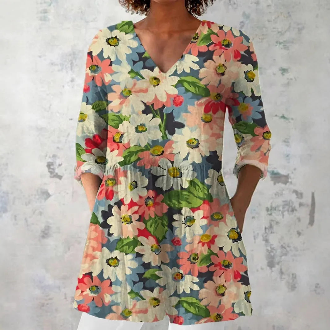 Women's retro slim fit long-sleeved top with a digital print pattern in a colour style variant.