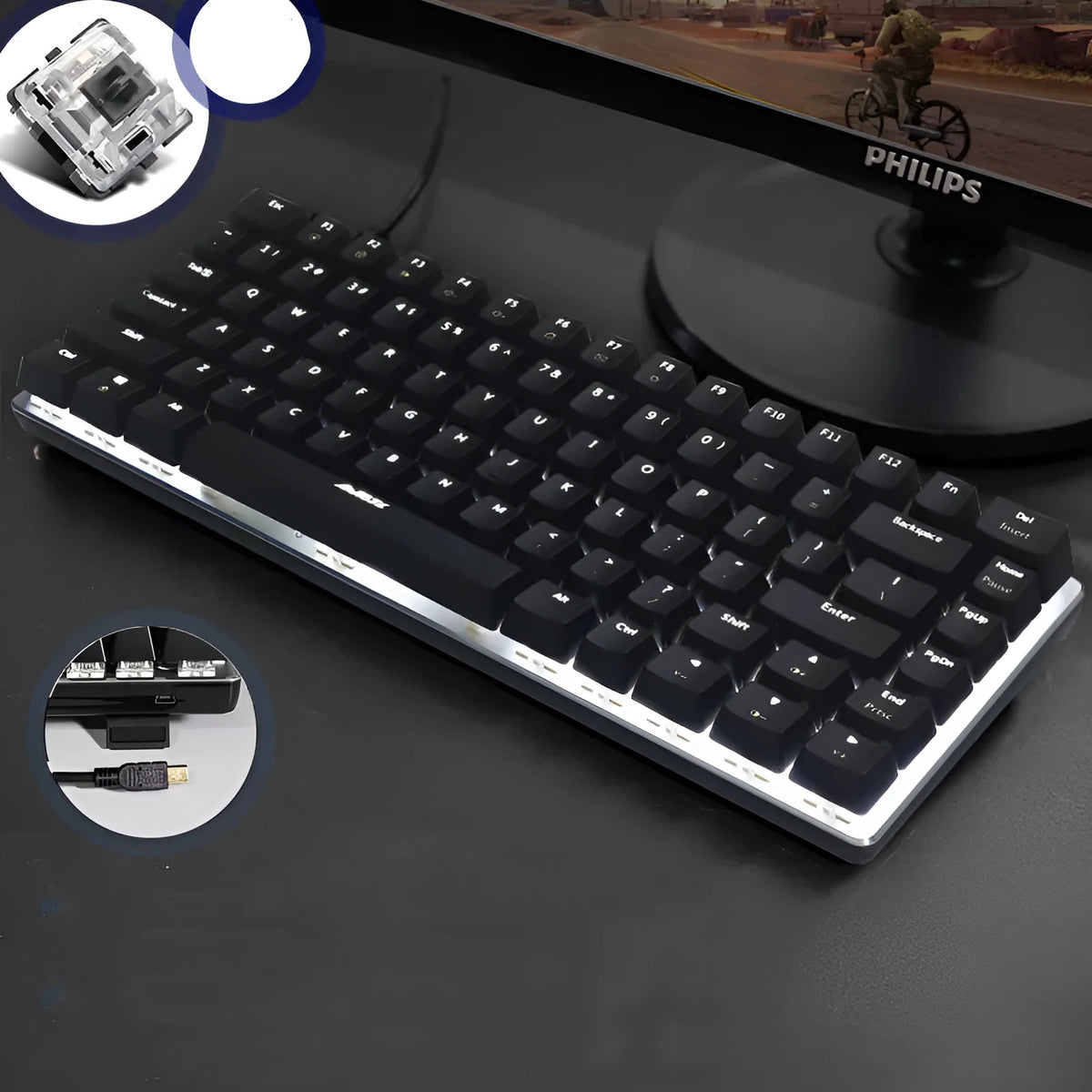 Heijue AK33 82-key wired mechanical keyboard with metal body and backlighting on a desk