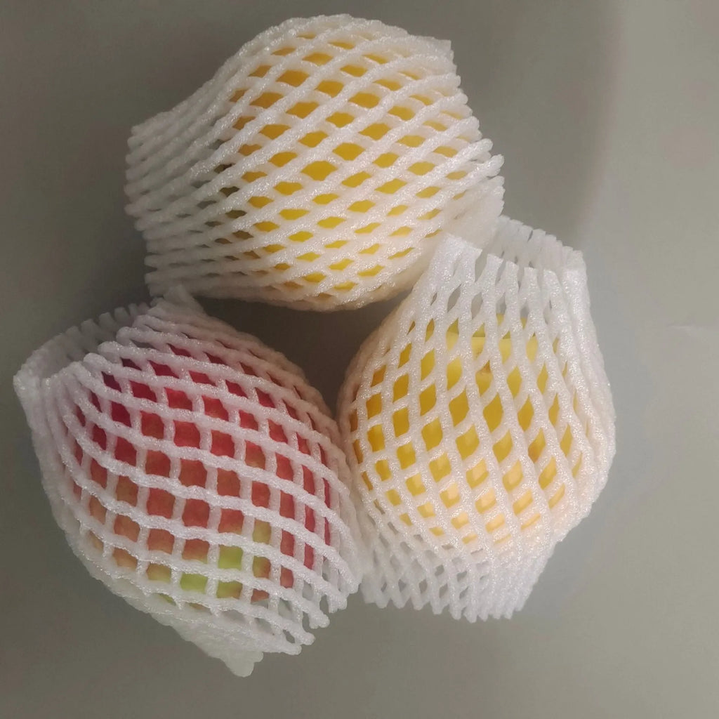 White foam net protective sleeve for apples and oranges, shown in various sizes.