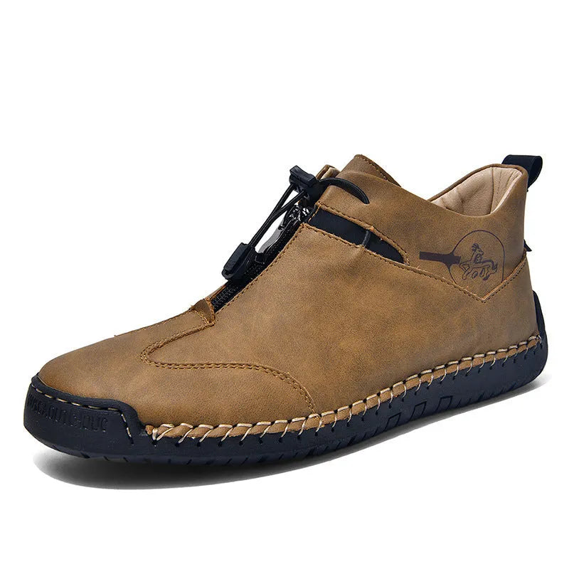 Men's black casual leather shoes with round toe, tall crown, and rubber sole.
