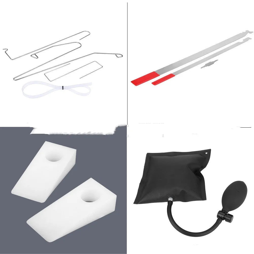 9-piece automotive maintenance tool set with air pump wedge and plastic wedges for vehicle emergency access