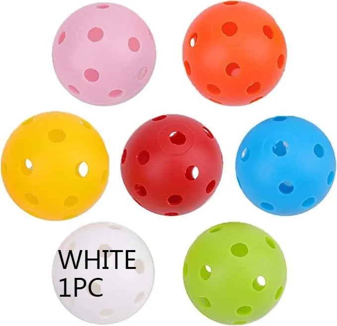 Multi-colour golf practice balls showing red, orange, blue, green, white, and yellow 42mm diameter balls