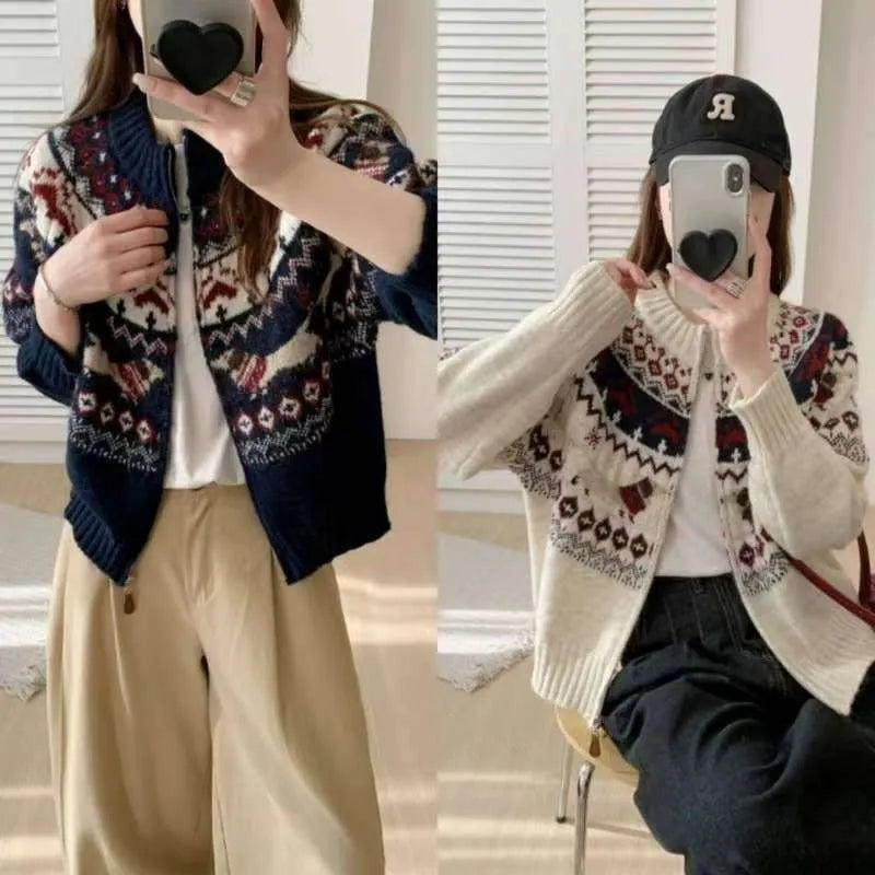 Ethnic style heavy industry jacquard pullover sweater with 3D pattern in apricot beige colour