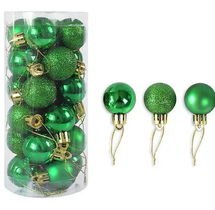 Small 3cm diameter shiny matte plastic Christmas bauble in assorted colours including gold, red, silver, and blue.