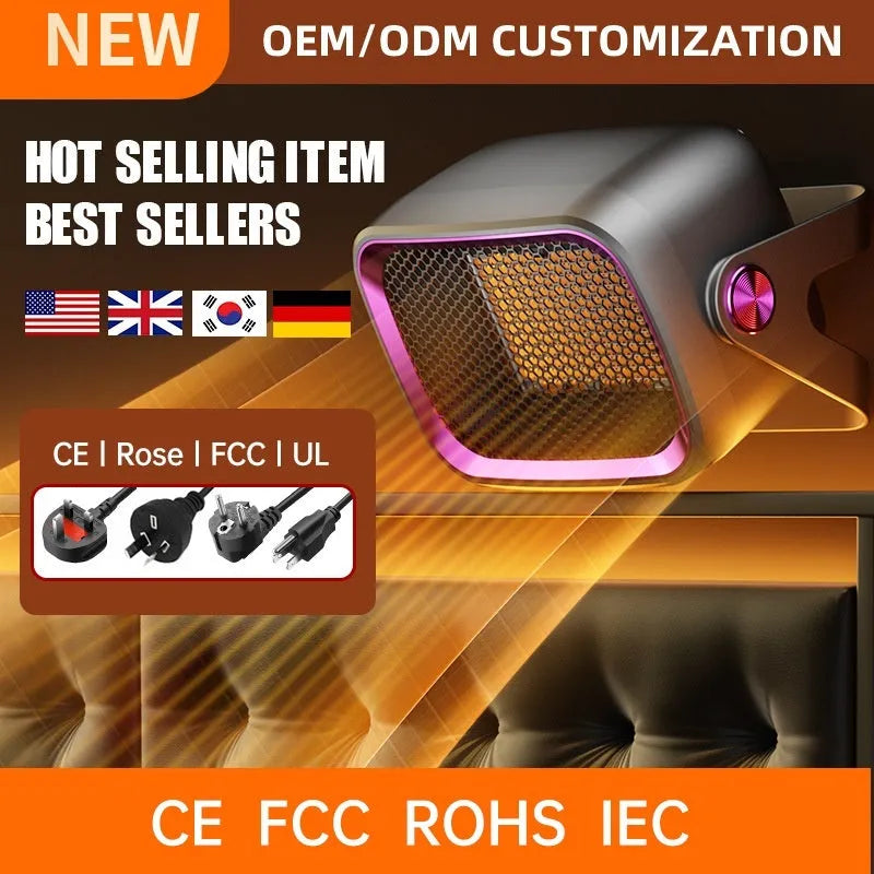 Compact white desktop ceramic fan heater showing control buttons and rotatable base.