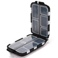 Plastic fishing tackle storage box with ten compartments in black, blue, or green.