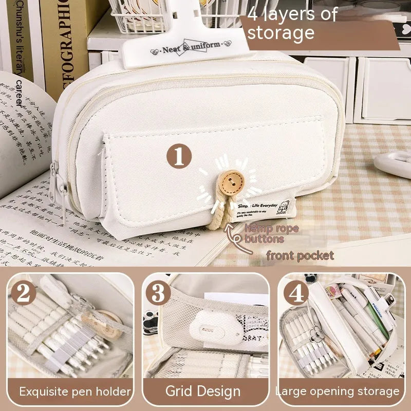Korean-style canvas pencil case in green, beige, blue, and grey colours with large capacity for pens