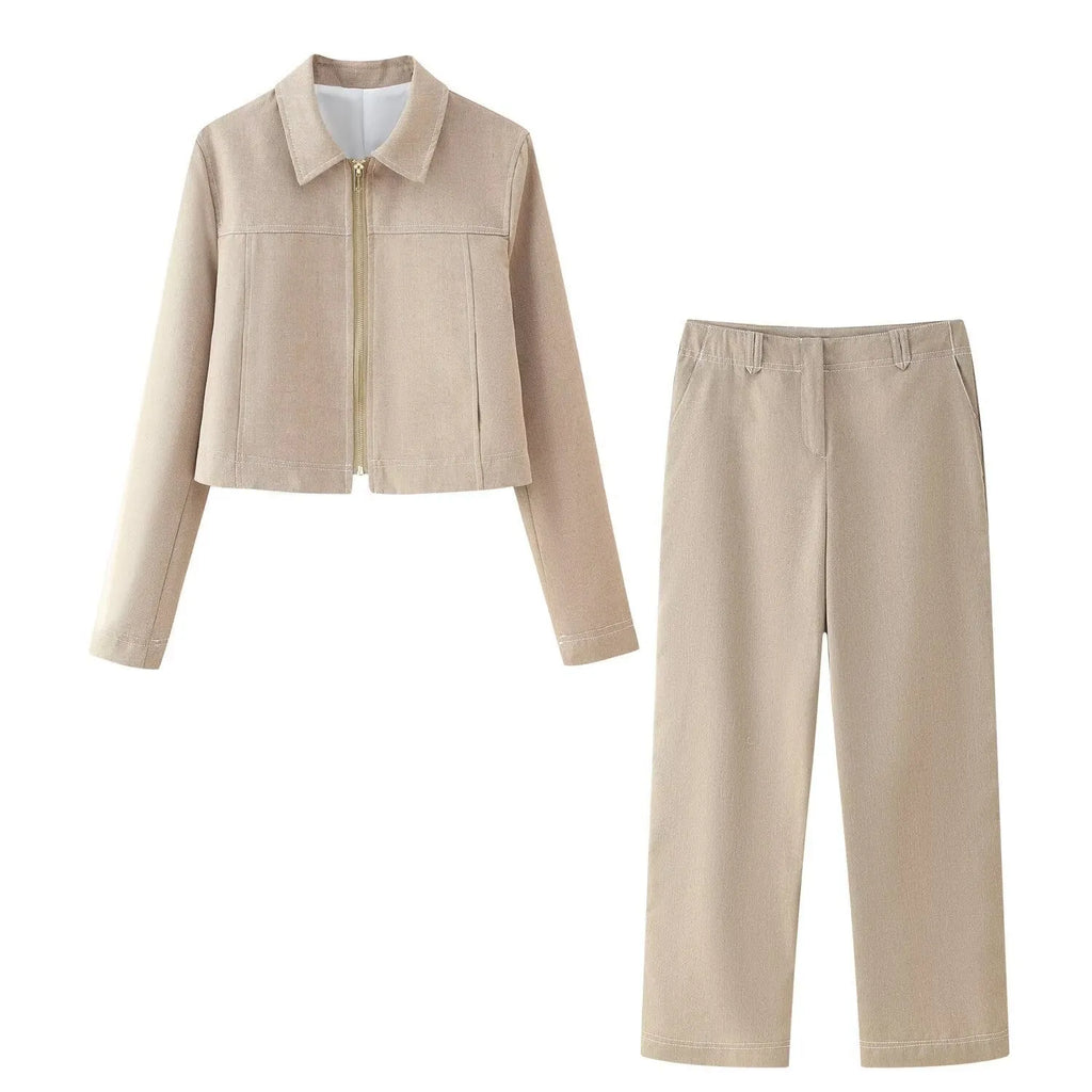 Women's herringbone pattern two-piece suit with embroidered jacket and straight-leg trousers