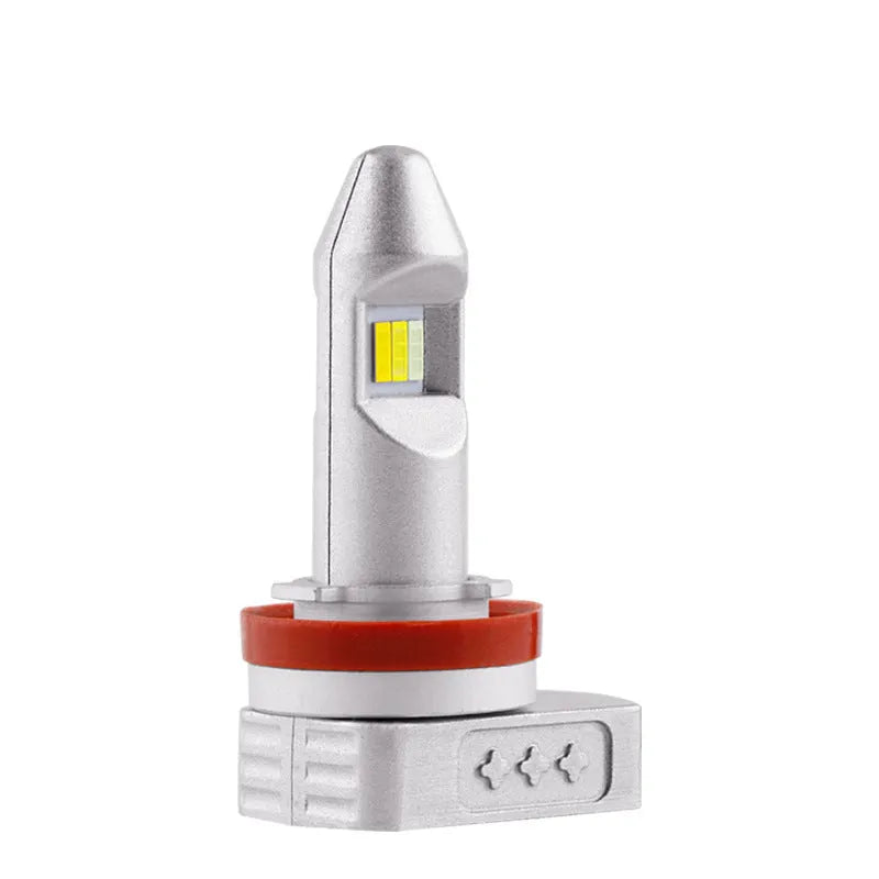 Super Stable LED car fog lamp bulb with aluminium housing and multiple connector types on white background.