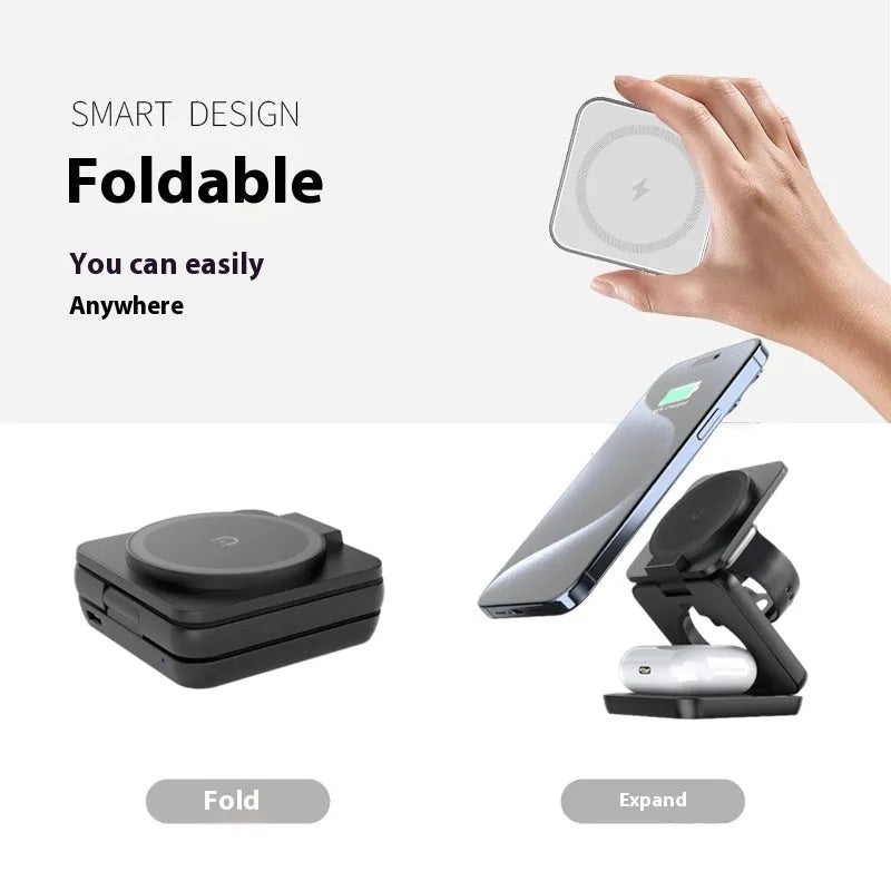 White foldable magnetic wireless charging phone holder on a desk