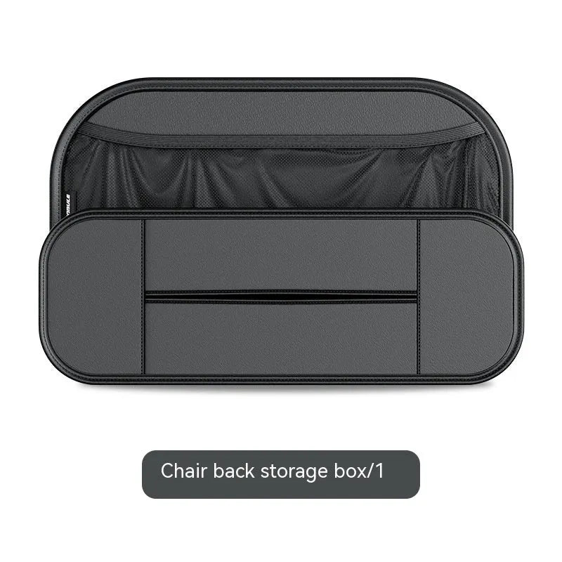 Black leather car seat rear storage bag with adjustable compartments mounted on vehicle seat